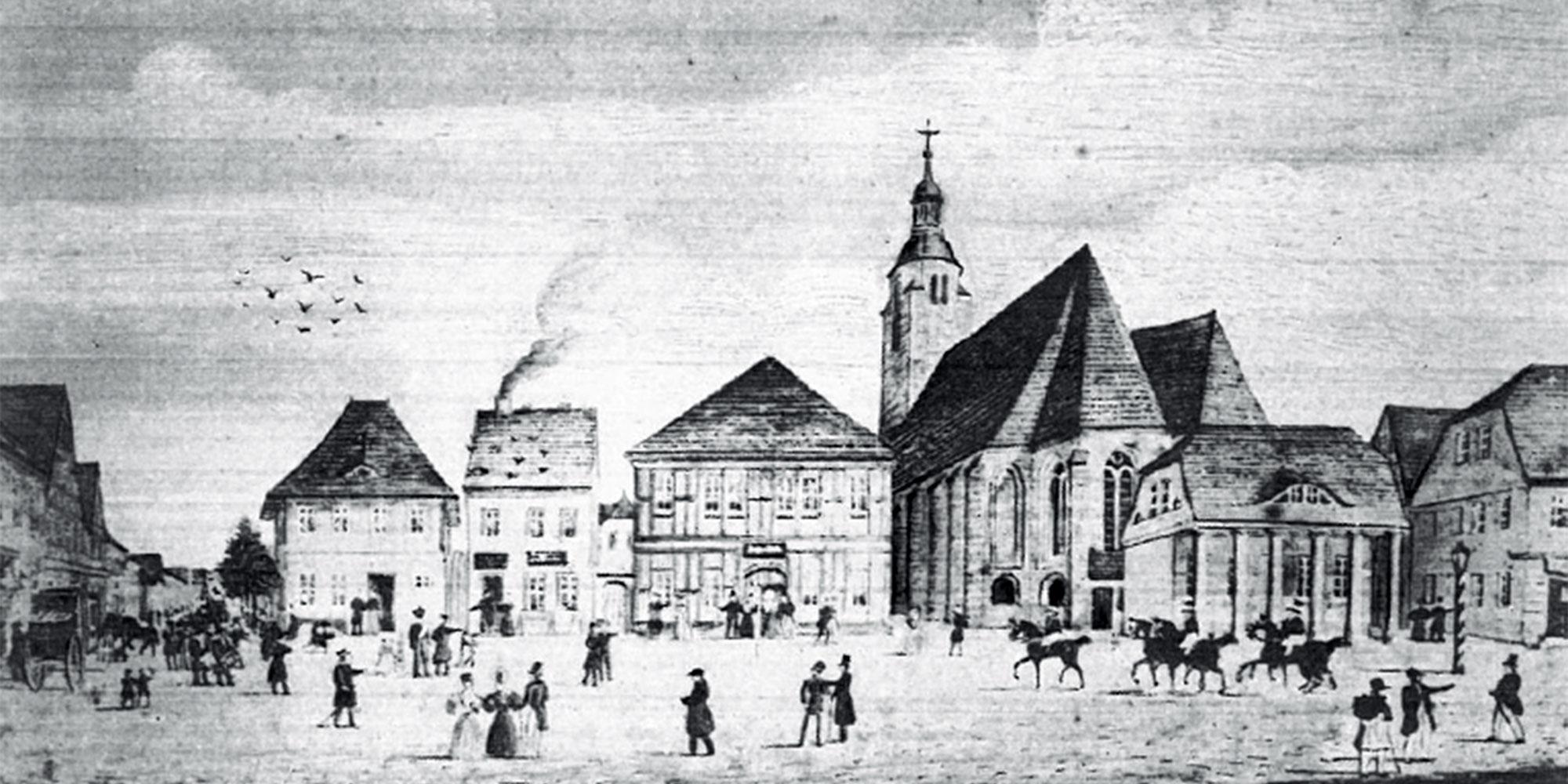 Rathaus und Umgebung im Jahr 1837; Quelle: Stadtverwaltung Beelitz (Hrsg.): „Beelitz in der Mark Stadtrundgang“ S. 11