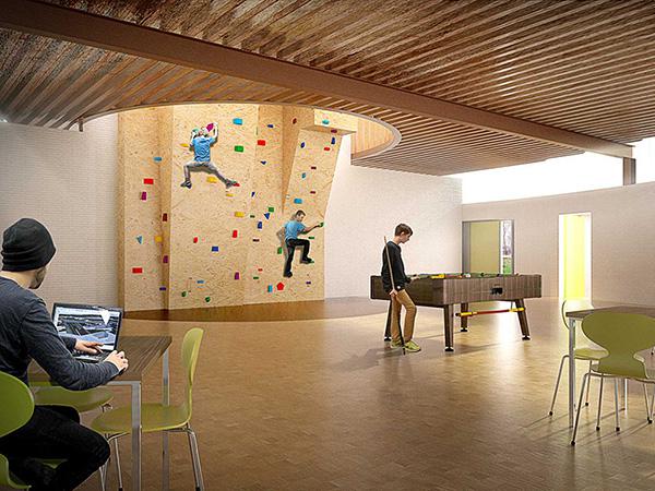 Interior with climbing wall